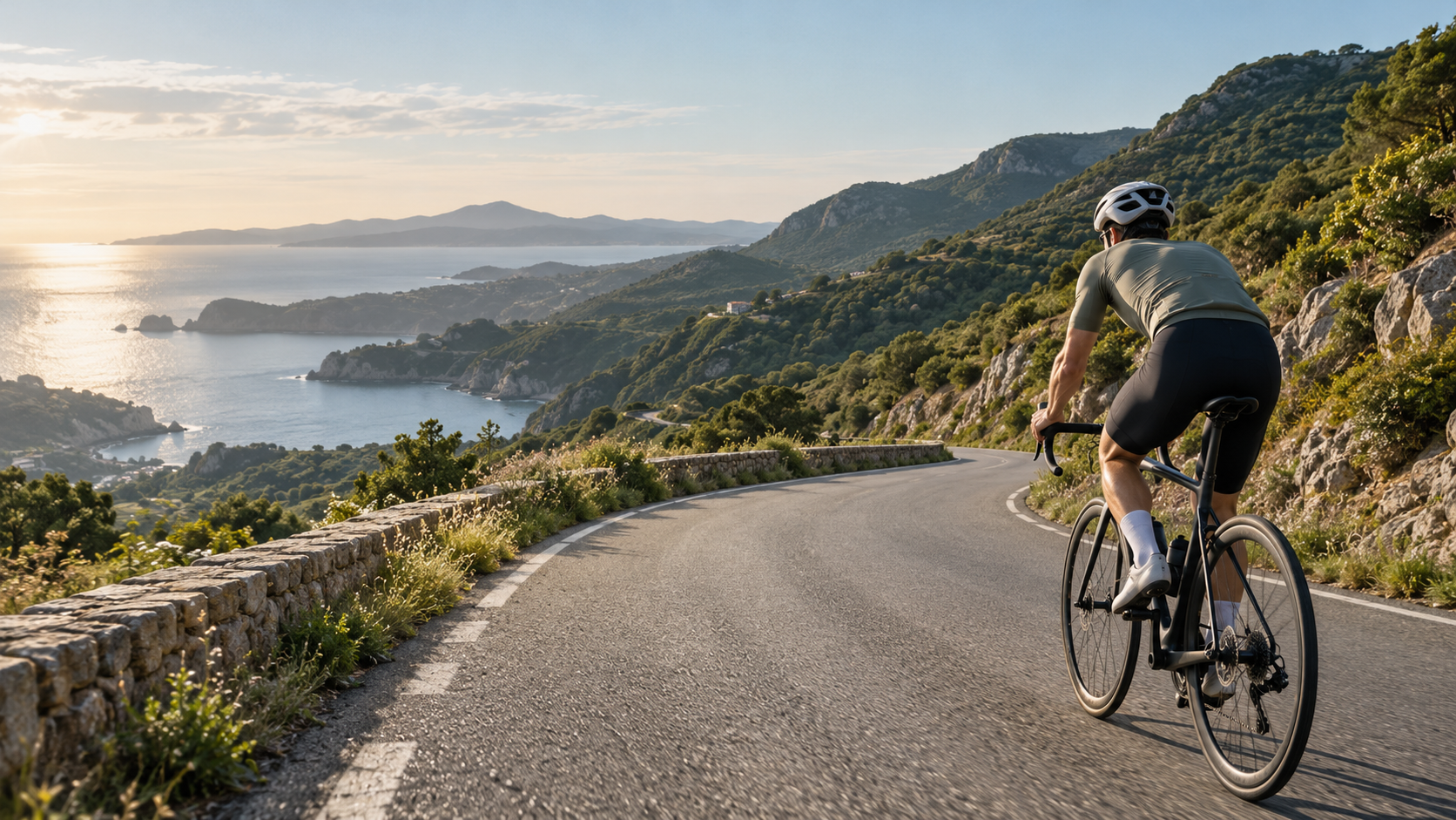 A cyclist on a road bike following a winding road through green hills