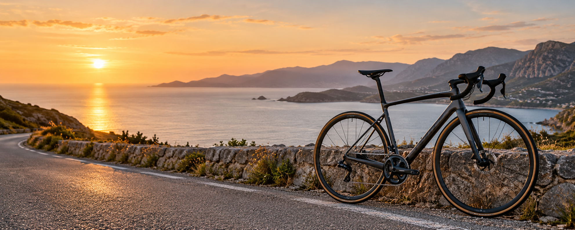 A black road bike beside a quiet coastal road at sunrise
